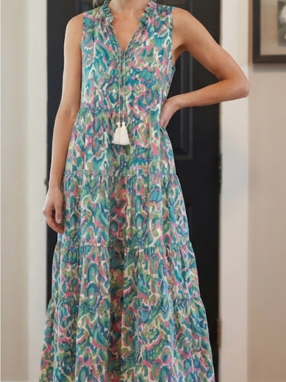 Boho Sleeveless Tiered, Midi Dress-Abstract Print-Size M